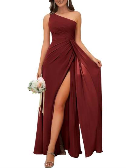 One-Shoulder Sleeveless Floor-Length A-Line Bridesmaid Dress with Side Split