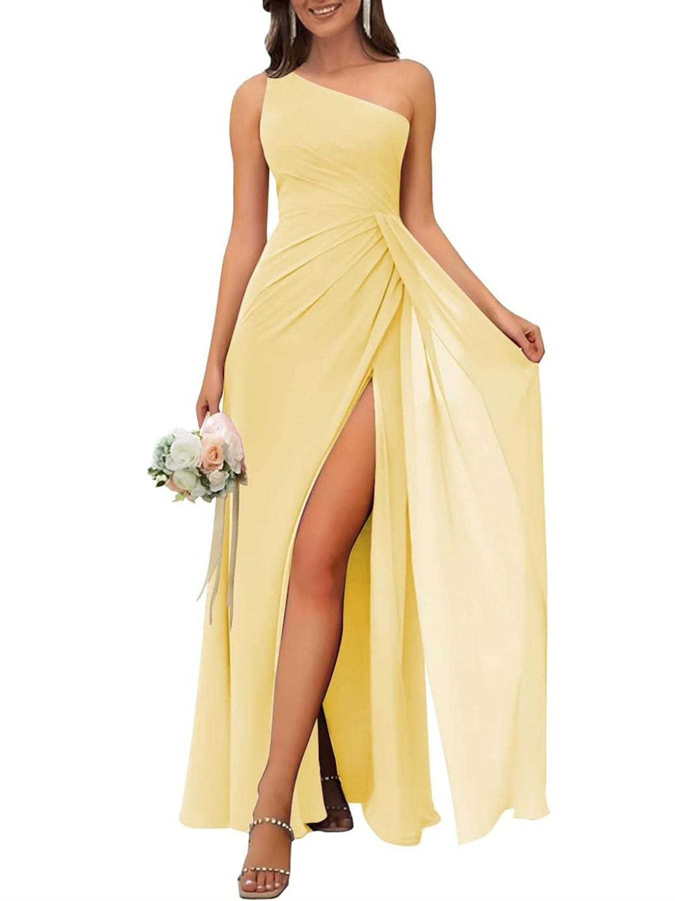 One-Shoulder Sleeveless Floor-Length A-Line Bridesmaid Dress with Side Split