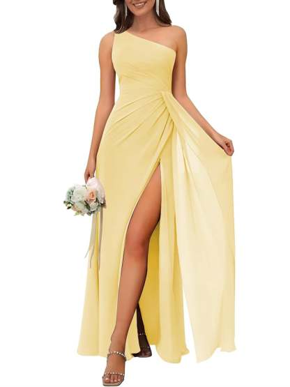 One-Shoulder Sleeveless Floor-Length A-Line Bridesmaid Dress with Side Split