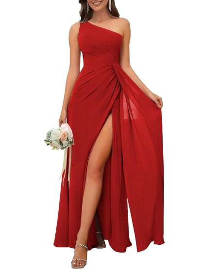 One-Shoulder Sleeveless Floor-Length A-Line Bridesmaid Dress with Side Split