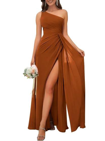 One-Shoulder Sleeveless Floor-Length A-Line Bridesmaid Dress with Side Split
