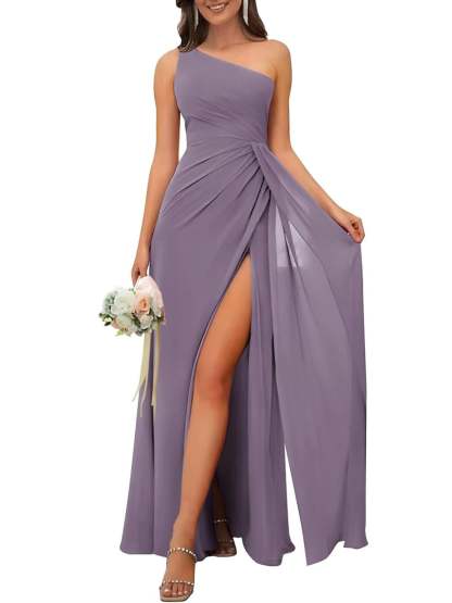 One-Shoulder Sleeveless Floor-Length A-Line Bridesmaid Dress with Side Split