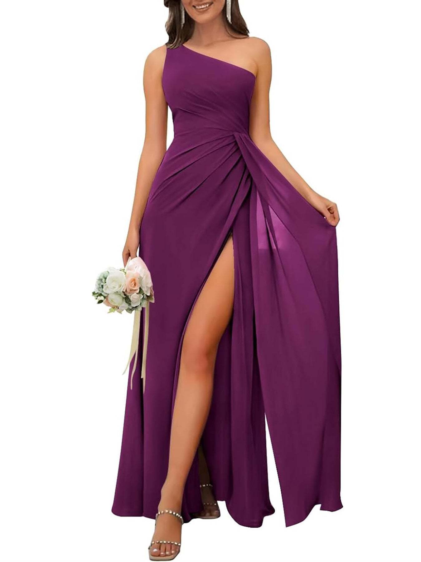 One-Shoulder Sleeveless Floor-Length A-Line Bridesmaid Dress with Side Split