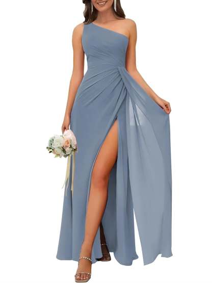 One-Shoulder Sleeveless Floor-Length A-Line Bridesmaid Dress with Side Split