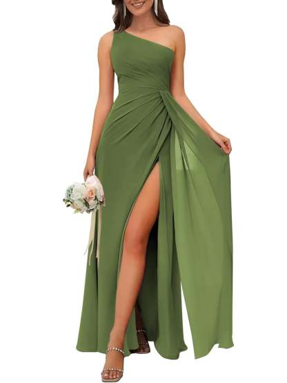 One-Shoulder Sleeveless Floor-Length A-Line Bridesmaid Dress with Side Split