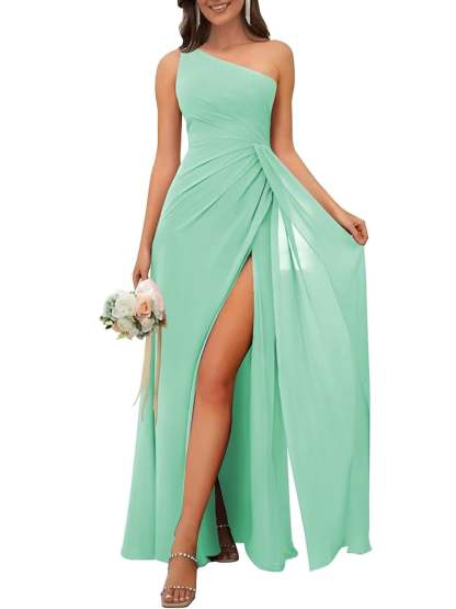 One-Shoulder Sleeveless Floor-Length A-Line Bridesmaid Dress with Side Split