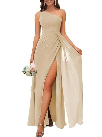 One-Shoulder Sleeveless Floor-Length A-Line Bridesmaid Dress with Side Split