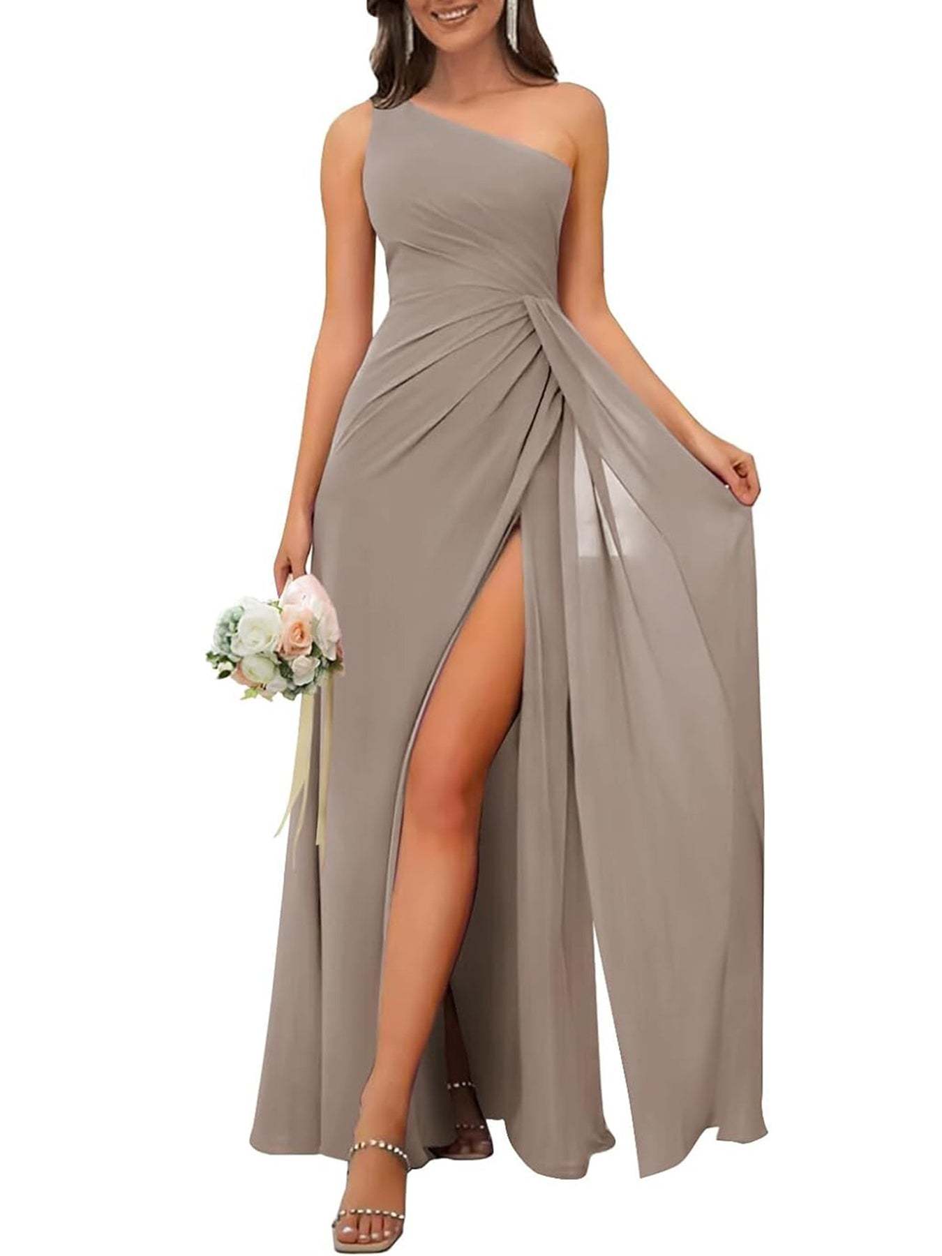 One-Shoulder Sleeveless Floor-Length A-Line Bridesmaid Dress with Side Split