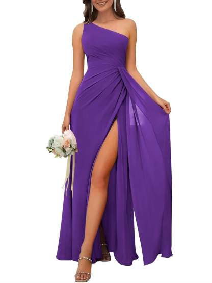One-Shoulder Sleeveless Floor-Length A-Line Bridesmaid Dress with Side Split