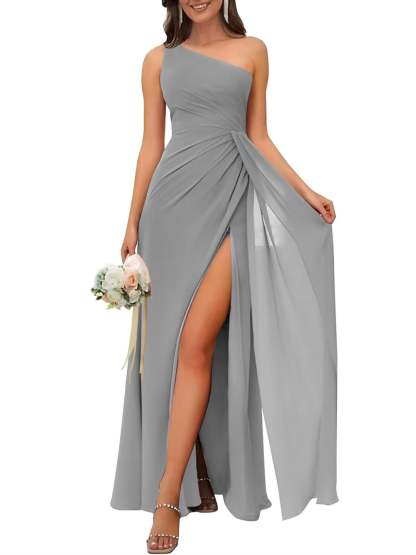 One-Shoulder Sleeveless Floor-Length A-Line Bridesmaid Dress with Side Split