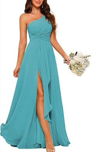 One-Shoulder Sleeveless A-Line Floor-Length Bridesmaid Dress with Side Split