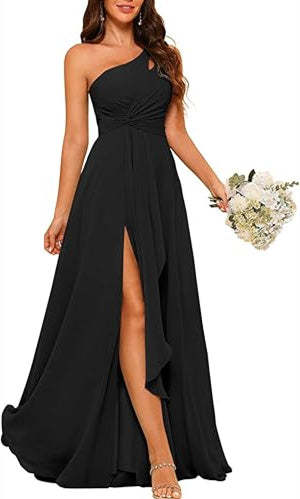 One-Shoulder Sleeveless A-Line Floor-Length Bridesmaid Dress with Side Split