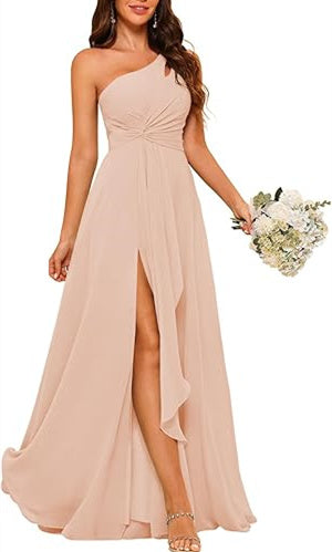 One-Shoulder Sleeveless A-Line Floor-Length Bridesmaid Dress with Side Split