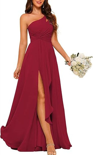 One-Shoulder Sleeveless A-Line Floor-Length Bridesmaid Dress with Side Split