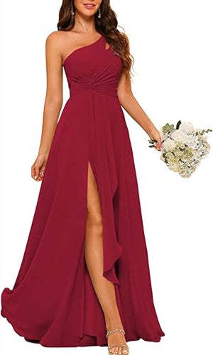 One-Shoulder Sleeveless A-Line Floor-Length Bridesmaid Dress with Side Split