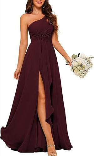 One-Shoulder Sleeveless A-Line Floor-Length Bridesmaid Dress with Side Split
