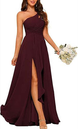 One-Shoulder Sleeveless A-Line Floor-Length Bridesmaid Dress with Side Split