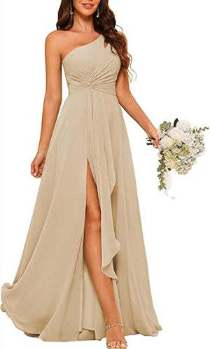 One-Shoulder Sleeveless A-Line Floor-Length Bridesmaid Dress with Side Split