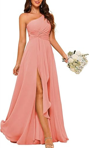 One-Shoulder Sleeveless A-Line Floor-Length Bridesmaid Dress with Side Split