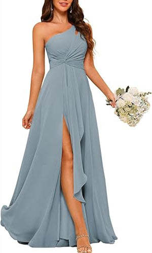 One-Shoulder Sleeveless A-Line Floor-Length Bridesmaid Dress with Side Split