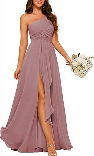 One-Shoulder Sleeveless A-Line Floor-Length Bridesmaid Dress with Side Split