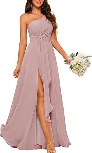 One-Shoulder Sleeveless A-Line Floor-Length Bridesmaid Dress with Side Split