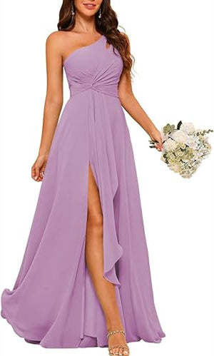 One-Shoulder Sleeveless A-Line Floor-Length Bridesmaid Dress with Side Split