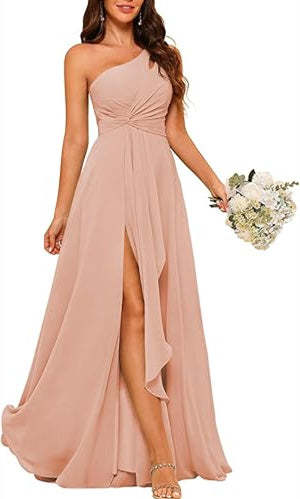 One-Shoulder Sleeveless A-Line Floor-Length Bridesmaid Dress with Side Split