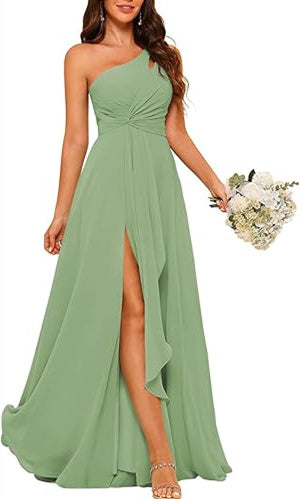 One-Shoulder Sleeveless A-Line Floor-Length Bridesmaid Dress with Side Split