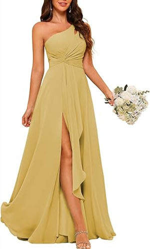 One-Shoulder Sleeveless A-Line Floor-Length Bridesmaid Dress with Side Split