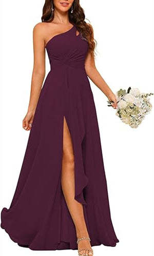 One-Shoulder Sleeveless A-Line Floor-Length Bridesmaid Dress with Side Split