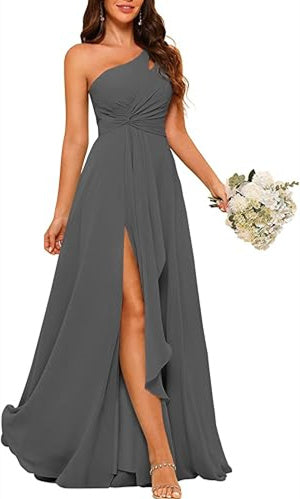 One-Shoulder Sleeveless A-Line Floor-Length Bridesmaid Dress with Side Split
