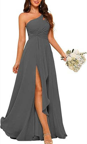 One-Shoulder Sleeveless A-Line Floor-Length Bridesmaid Dress with Side Split