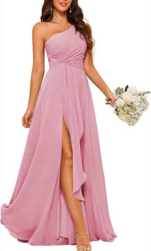 One-Shoulder Sleeveless A-Line Floor-Length Bridesmaid Dress with Side Split