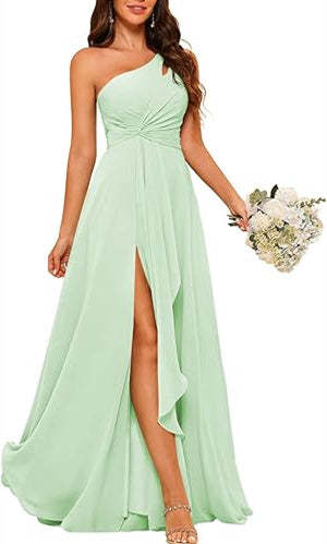 One-Shoulder Sleeveless A-Line Floor-Length Bridesmaid Dress with Side Split