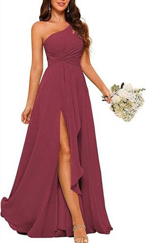 One-Shoulder Sleeveless A-Line Floor-Length Bridesmaid Dress with Side Split