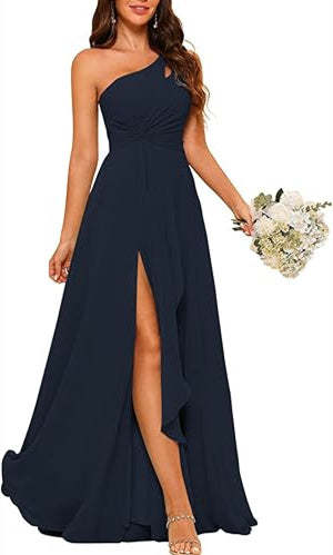 One-Shoulder Sleeveless A-Line Floor-Length Bridesmaid Dress with Side Split