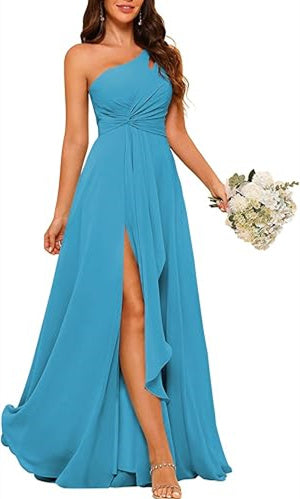 One-Shoulder Sleeveless A-Line Floor-Length Bridesmaid Dress with Side Split