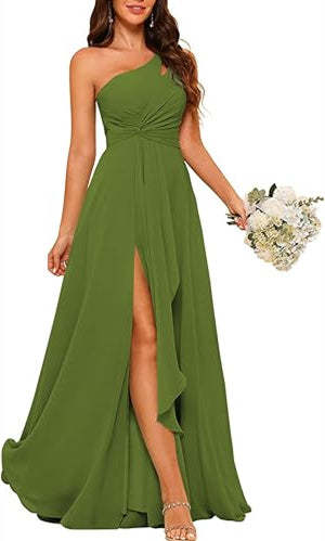 One-Shoulder Sleeveless A-Line Floor-Length Bridesmaid Dress with Side Split