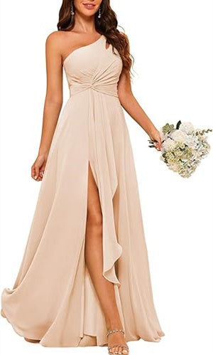 One-Shoulder Sleeveless A-Line Floor-Length Bridesmaid Dress with Side Split