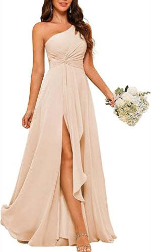 One-Shoulder Sleeveless A-Line Floor-Length Bridesmaid Dress with Side Split