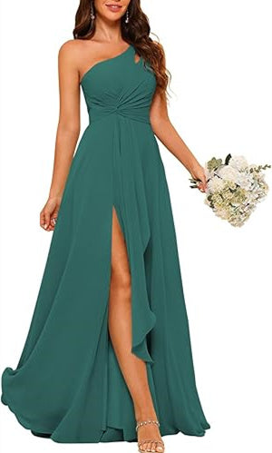 One-Shoulder Sleeveless A-Line Floor-Length Bridesmaid Dress with Side Split