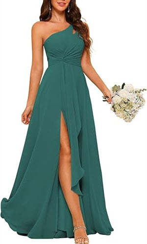 One-Shoulder Sleeveless A-Line Floor-Length Bridesmaid Dress with Side Split