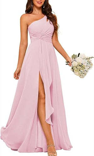 One-Shoulder Sleeveless A-Line Floor-Length Bridesmaid Dress with Side Split