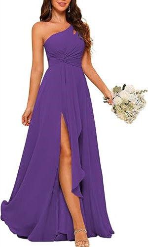 One-Shoulder Sleeveless A-Line Floor-Length Bridesmaid Dress with Side Split