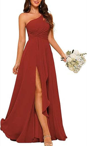 One-Shoulder Sleeveless A-Line Floor-Length Bridesmaid Dress with Side Split