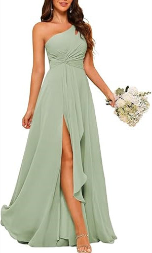 One-Shoulder Floor-Length A-Line Bridesmaid Dress with Side Split