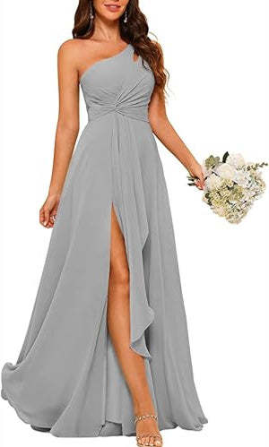 One-Shoulder Sleeveless A-Line Floor-Length Bridesmaid Dress with Side Split