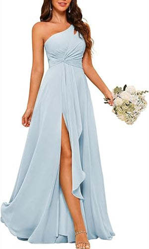 One-Shoulder Sleeveless A-Line Floor-Length Bridesmaid Dress with Side Split