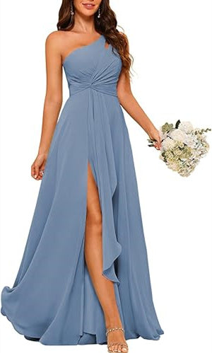 One-Shoulder Sleeveless A-Line Floor-Length Bridesmaid Dress with Side Split